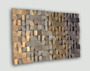 Holzmosaik 3D Wanddekoration – strukturierte Holzkunst, handgefertigte Paneele in Erdtönen, Akustik-Diffusor