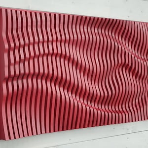Red parametric wall art of wooden slats, wood sound diffuser, 3D wavy wall sculpture, geometric wall decor, large wall hanging