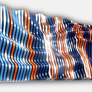 silver, blue and orange parametric wall art of wooden slats, wood sound diffuser, 3D wavy wall sculpture, geometric wall decor