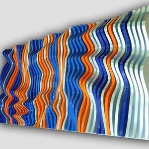 silver, blue and orange parametric wall art of wooden slats, wood sound diffuser, 3D wavy wall sculpture, geometric wall decor