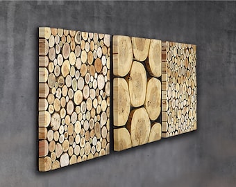 Tree trunk wall art set of 3, tree slices triptych large, wood wall art set of 3, 3 piece tree slice wall art, environmental wall decor,