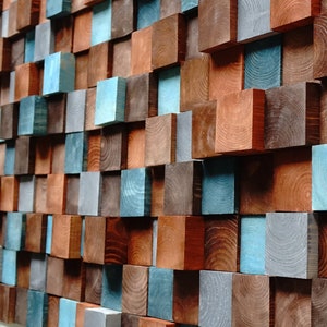 rustieke houten mozaïek muur opknoping, moderne houten muur kunst 3d houten mozaïek, bruin grijs turkoois dimensionaal houten mozaïek, houten muur decor