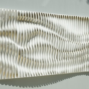 White and gold washed wavy wood wall décor, acoustic wall panel, 3D wall sculpture, contemporary parametric wall piece, sound wave art