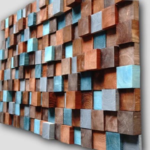 brown gray turquoise dimensional Wooden Mosaic, wooden wall decor, wood wall art, modern wood art wall hanging home decor, 3d wooden panel
