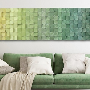 Arte mural de madera verde ombré: mosaico 3D, decoración abstracta moderna