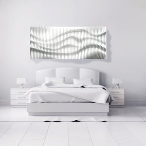 White wavy wood wall décor, acoustic wall panel, 3D wall sculpture made of slats, contemporary parametric wall piece, sound wave art