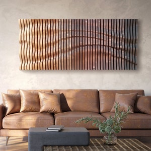 Ombre brown wavy wood wall décor made of slats, acoustic wall panel, 3d wall sculpture, contemporary parametric wall piece, sound wave art
