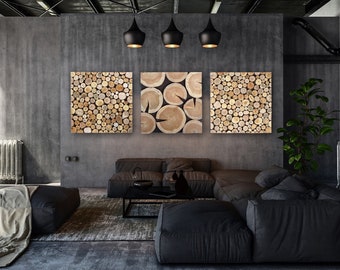 Tree slab wall art set of 3, three piece large triptych wall panels of tree slices, 3 piece wall art, environmental wood wall decor large