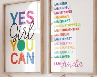 2 Girls Personalised Rainbow Affirmation Prints, Girls Bedroom Prints, Girls Bedroom Decor, Motivational Inspirational, Colourful, Playroom