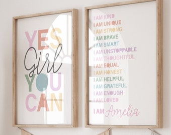 2 Girls Personalised Affirmation Prints, Girls Bedroom Prints, Girls Bedroom Decor, Motivational Prints, Pastel Colours, Playroom Prints,