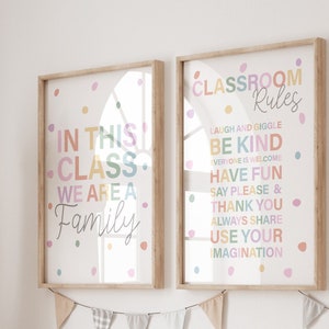 Juego de 2 carteles con las reglas del aula, impresiones educativas, decoración del aula, carteles de aprendizaje, letrero para el aula, En esta clase, decoración del aula del maestro