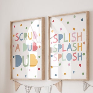 Set of 2 Bathroom Prints, Scrub A Dub Dub, Splish Splash Splosh, Kids Bathroom Prints, Bathroom Signs, Kids Bathroom Decor, Pastel Colours
