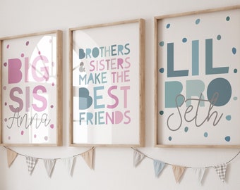 Set of 3 Playroom Prints, Brother and Sister Prints, Siblings Prints, Brother and Sister Make Best Friends, Rainbow Wall Art, Playroom Decor