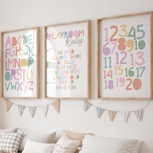 Juego de 3 impresiones para guardería de niñas, arte de pared para guardería, reglas de la sala de juegos, impresiones para la sala de juegos, decoración de la sala de juegos, impresiones de arcoíris, carteles de aprendizaje, números