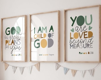 Set of 3 Bible Verse Prints, Christian Wall Art, Boys Nursery Prints, Boys Bedroom Decor, Nursery Wall Art, Kids Room, Scripture Prints