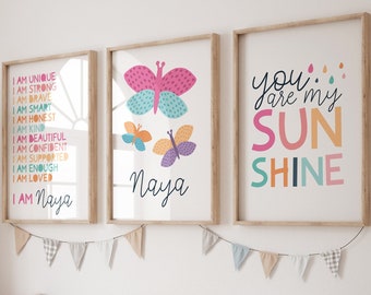 Girls Personalised Rainbow Print Set of 3, butterfly, Girls Nursery Prints, Girls Bedroom Decor, Affirmation Print, Playroom, girls wall art