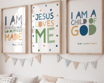 Set of 3 Bible Verse Prints, Christian Wall Art, Boys Christian Bedroom Print, Boys Wall Art, Sunday School Prints, Christian Nursery Prints