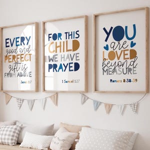 Conjunto de 3 impressões de versículos bíblicos, arte de parede cristã, impressões para berçário de meninos, decoração de quarto de meninos, arte de parede para berçário de meninos, escola dominical, fé, Jesus