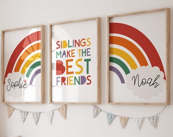 3 Siblings Make The Best Friends Colourful Playroom Prints, Shared Bedroom, Personalised, Girls Bedroom, Boys Bedroom, Rainbow Wall Art