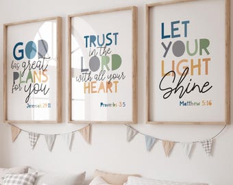 Set of 3 Boys Bible Verse Prints, Christian Wall Art, Boys Nursery Prints, Boys Nursery Wall Art, Christian Prints, Boys Bedroom Prints