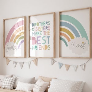 Set of 3 Brother Sister Prints, Sibling Prints, Playroom, Brother Sister Wall Art, Pastel Colours, Rainbow Bedroom Decor, Shared Bedroom