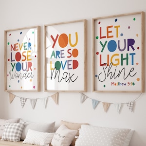 Set of 3 Rainbow Wall Art, Christian Wall Art, Bible Verse, You Are Loved, Personalised, Boys Bedroom, Girls Bedroom, Let Your Light Shine