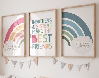 Set of 3 Playroom Prints, Brother and Sister Prints, Rainbow Prints, Rainbow Wall Art, Playroom Wall Art, Colourful, Siblings Prints