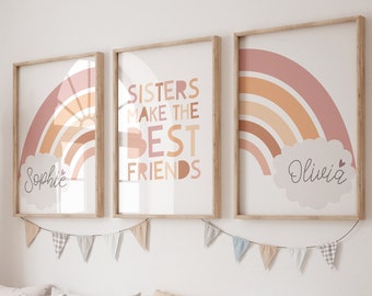 Set of 3 Nursery Prints, Sisters Make The Best Friends Wall Art, Sisters Bedroom, Rainbow, Siblings, Boho, Big Sis Lil Sis. Sister Gift