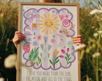 May include: A framed art print featuring a whimsical design with a smiling sun, butterflies, and other colorful illustrations. The print has a light purple scalloped border and includes the text "I LOVE YOU MORE THAN THE SUN, THE MOON AND ALL OF THE STARS."