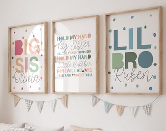 Speelkamer prints, broer en zus prints, broers en zussen prints, broer zus decor, regenboog kunst aan de muur, speelkamer decor, kleurrijke speelkamer