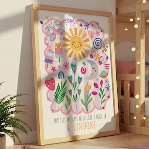 You are my sunshine print, girls nursery wall art, girls nursery print, baby girl gift, toddler bedroom, colourful, kids room, flower print