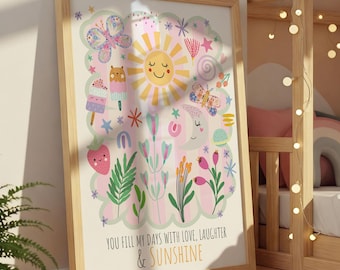 May include: A framed art print with a whimsical design. The artwork features a smiling sun, butterflies, and floral elements in pastel colors. The text reads "YOU FILL MY DAYS WITH LOVE, LAUGHTER & SUNSHINE."