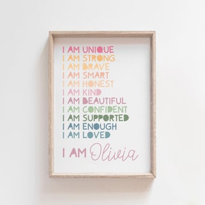 Girls Affirmation Print, Boys Affirmation Print, I Am, Positive, Personalised, Affirmations, Childs Print, Girls Bedroom Decor, Playroom