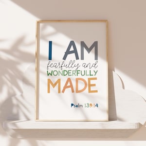 Fearfully And Wonderfully Made Print, Christian Wall Art, Scripture Prints, Boys Nursery Print, Bible Verse Print, Boys Bedroom Decor