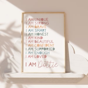 Girls Affirmation Print, I Am, Positive, Personalised, Affirmations, Rainbow, Pastel, Girls Bedroom Decor, Playroom, Nursery Wall Art, Home