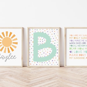 Juego de 3 impresiones para habitación de niñas, decoración de dormitorio de niñas, personalizadas, impresiones &quot;You are my sunshine&quot;, coloridas, sala de juegos, arte de pared para habitación de niñas