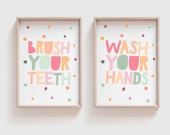 Set of 2 Bathroom Prints, Wash Your Hands Print, Children's Bathroom Prints, Nursery Prints, Bathroom Signs, Bathroom Decor, Bathroom Art