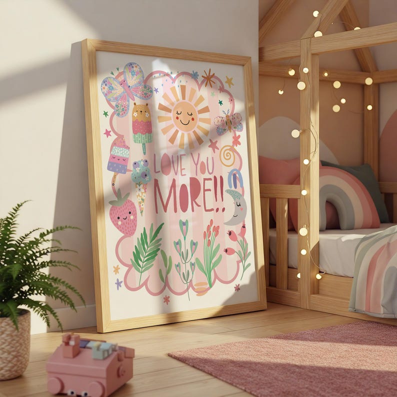 Może przedstawiać: Oprawiony wydruk artystyczny z jasną drewnianą ramą. Grafika przedstawia r&oacute;żowe tło z ilustracjami uśmiechniętego słońca, motyli, lod&oacute;w, truskawek i tekstu "LOVE YOU MORE!!".