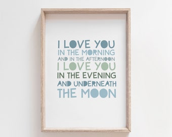 Ich liebe dich am Morgen und am Nachmittag Druck, Jungen-Kinderzimmer-Drucke, Kinderzimmer-Zitat, Mond-Druck, Jungen-Schlafzimmer-Dekor, Kinderzimmer-Wandkunst