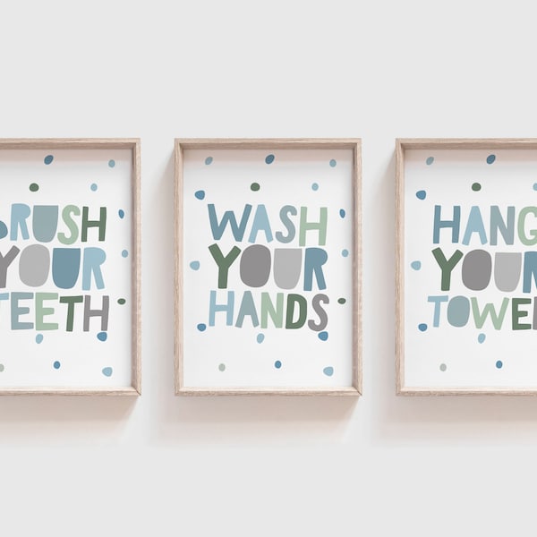 Set of 3 Kids Bathroom Prints, Wash Your Hands Print, Kids Bathroom Decor, Nursery Prints, Bathroom Signs, Bathroom Decor, Bathroom Wall Art