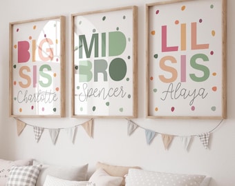 Broer zus set van 3, gepersonaliseerd, prints broers en zussen, regenboog muurkunst, speelkamer muurkunst, kleurrijke speelkamer PRINTS, kinderkamer