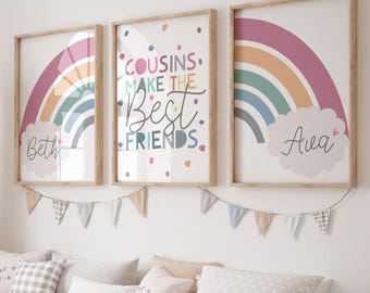 Set of 3 Playroom Prints, Cousins Make The Best Friends Prints, Girls Bedroom, Family Decor, Personalised Prints, Rainbow Print, Colourful