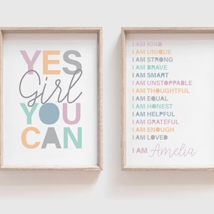 I am print, Girls Bedroom Decor, Positive Affirmations, Rainbow, Playroom Decor, Girls Nursery Prints, Girls bedroom Motivational, set of 2
