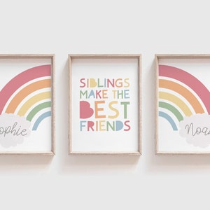 Los hermanos son los mejores amigos, arte de pared para hermanos, impresiones de hermano y hermana, impresiones de arcoíris para sala de juegos, dormitorio compartido, juego de 3, personalizado