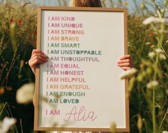 Girls Affirmation Print, Rainbow Print, Colourful, Girls Bedroom Decor, Personalised, I am Print, Rainbow Wall Art,  Girls Nursery Print