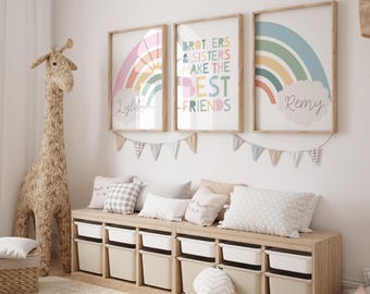 Set of 3 Personalised Rainbow Prints, Brother and Sister Make Best Friends, Sibling Prints, Shared Bedroom, Girls Bedroom, Boys Bedroom