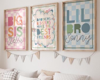 Brother and sisters make the best friends prints, brother sister wall art, playroom, colourful, retro, rainbow, sibling bedroom prints,