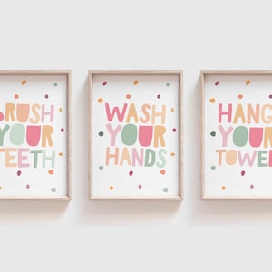 Set of 3 Kids Bathroom Prints, Wash Your Hands Print, Kids Bathroom Decor, Girls Nursery Prints, Bathroom Wall Art, Bathroom Decor