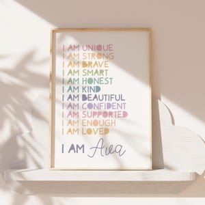 Girls Affirmation Print, I Am, Positive, Personalised, Affirmations, Rainbow, Girls Bedroom Decor, Playroom, Girls Bedroom Prints, Teenager