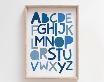 Boys Blue Alphabet Print, Boys Nursery Print, Boys Bedroom Prints, Playroom Prints, Playroom Wall Art, Alphabet Poster, Educational Art